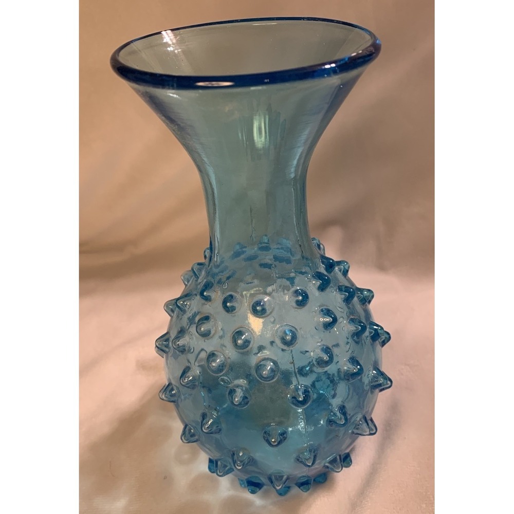 Vintage Blue Glass Hobnail Vase 7 3/4" Tall Spikes